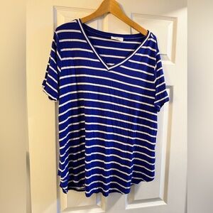 Zenana Outfitters Blue and White Striped V-Neck Top